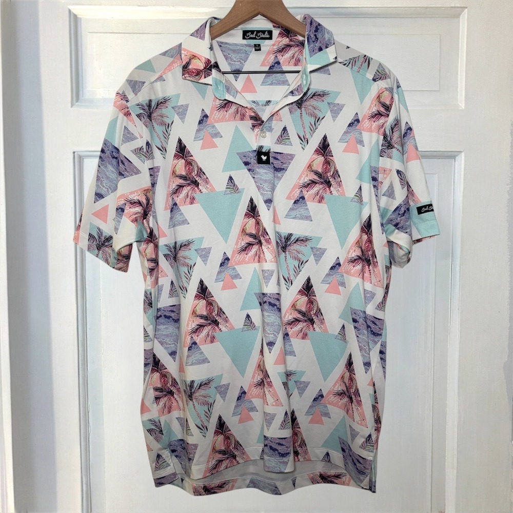Bad Birdie Golf Performance Polo Mens L Palm Tree Geometric Pastel BeachShirt - Picture 5 of 7